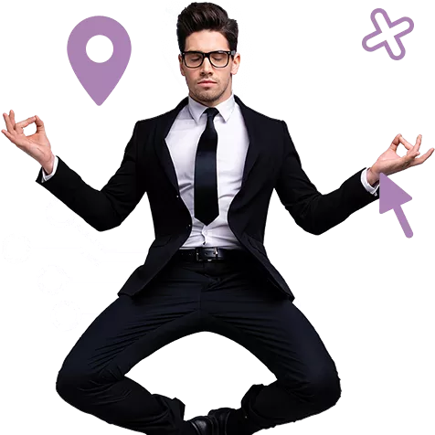 professional man in suit and tie with glasses levitating in meditation pose