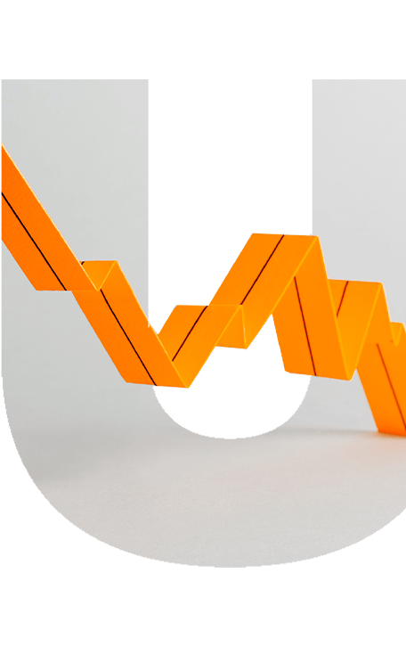 3D orange line graph depiction on top of a grey letter "U"
