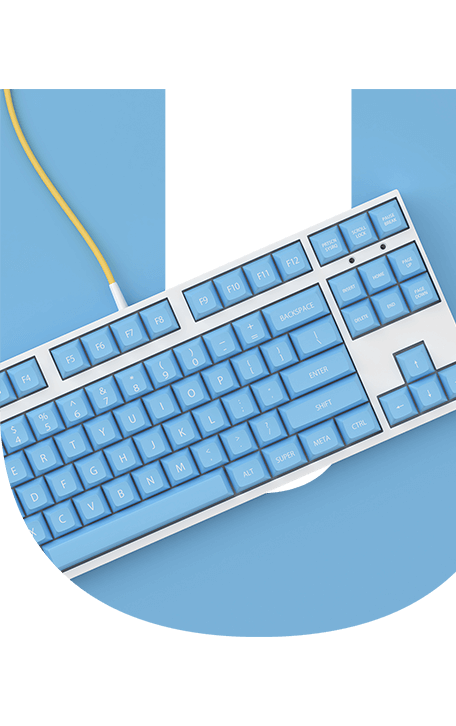 modern blue computer keyboard in front of a blue letter "U"