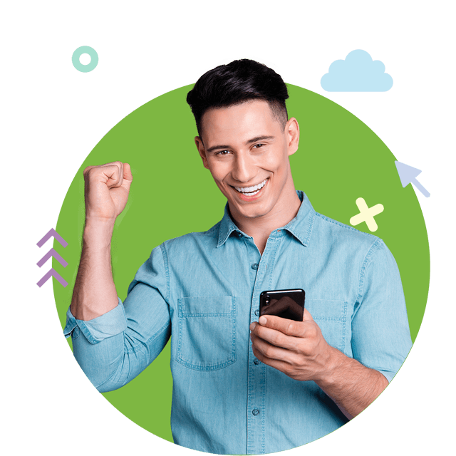 man using Unit4 PSA on a mobile device pumps his fist and smiles