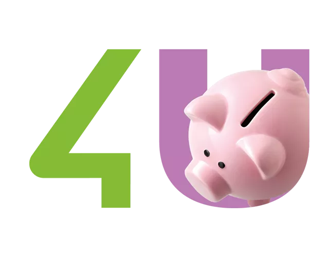 Image with green 4 and a pink U with a piggy bank